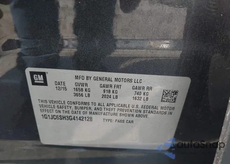 2016 Chevrolet Sonic Lt Auto z USA, uszkodzony, nr VIN 1G1JC6SH3G4142128